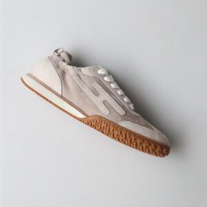 Women's Hermes Beige Suede Lace-Up Sneakers with Gum Sole